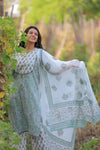 Pastel green and White Floral  Cotton Suit with Cotton Dupatta