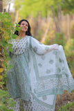 Pastel green and White Floral  Cotton Suit with Cotton Dupatta