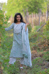 Pastel green and White Floral  Cotton Suit with Cotton Dupatta