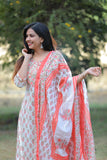 Peach and White Floral  Cotton Suit with Cotton Dupatta