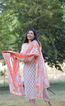 Peach and White Floral  Cotton Suit with Cotton Dupatta