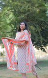 Peach and White Floral  Cotton Suit with Cotton Dupatta