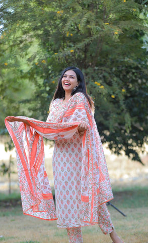 Peach and White Floral  Cotton Suit with Cotton Dupatta