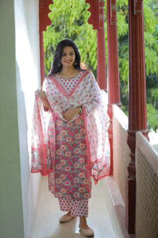 Peony Pink Cotton Suit with Cotton Dupatta