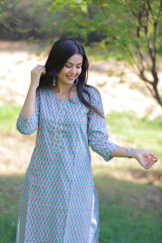 Maya Blue Floral Cotton Kurti