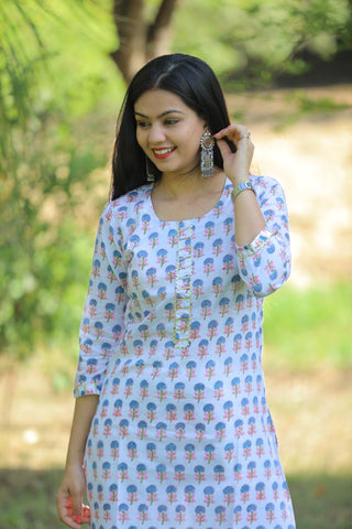 Cool White - Hand Block Printed Cotton Kurti