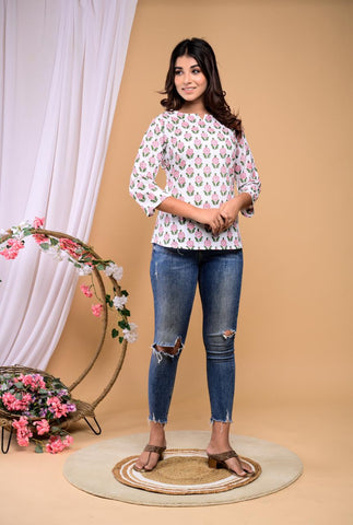 Floral White Pink Flowers  Cotton Handblock Printed Top