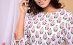 Floral White Pink Flowers  Cotton Handblock Printed Top