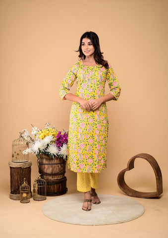 Pineapple  Floral Gota Work  Cotton Pant set