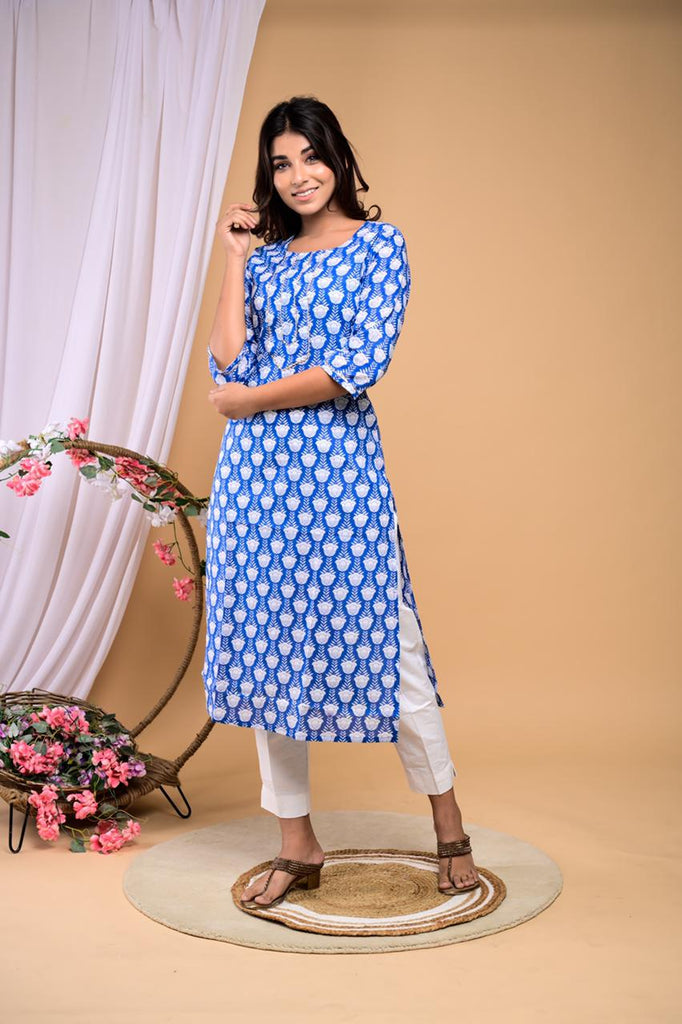 Latest Sky Blue And Pink Flower Printed Designer Kurtis – Walusha