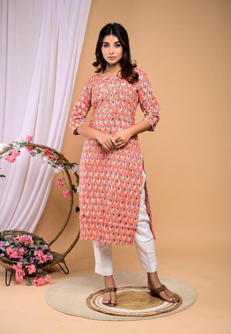 Tangerine - Hand Block Printed Cotton Kurti