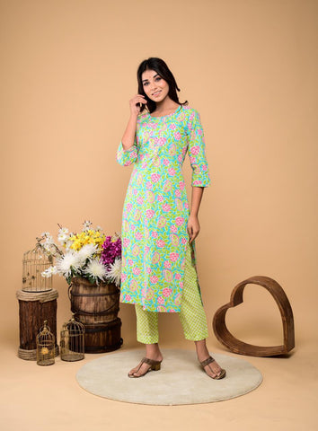 Green  Leaf Floral Gota Work  Cotton Pant set