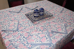 Grey Pink Cotton Handblock Printed 6 seater Dining table cover with 6 full printed Napkins