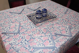 Grey Pink Cotton Handblock Printed 6 seater Dining table cover with 6 full printed Napkins