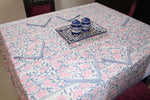 Grey Pink Cotton Handblock Printed 6 seater Dining table cover with 6 full printed Napkins