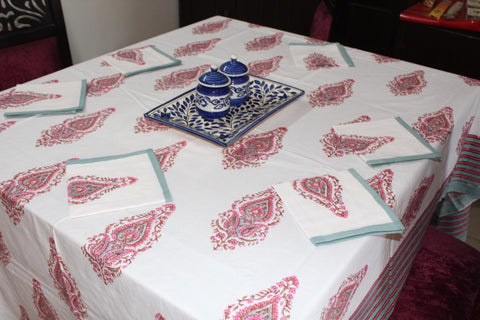Rani Bagh Cotton Handblock Printed 6 seater Dining table cover with 6 full printed Napkins