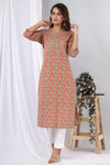Peach Flowers  in Green Base Cotton Kurti