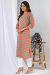 Peach Flowers  in Green Base Cotton Kurti