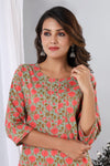 Peach Flowers  in Green Base Cotton Kurti