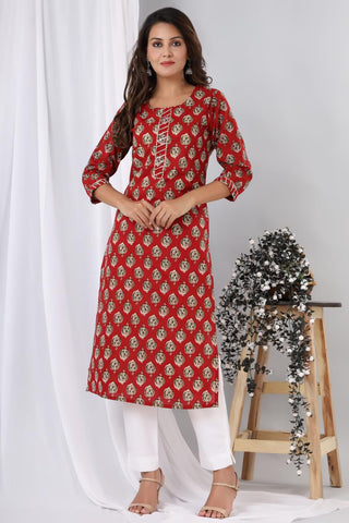 Red with green Blocks Cotton Kurti