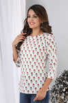 Floral White Cotton Handblock Printed Top