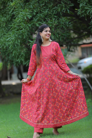Pink Red fushion Mix Bhandhej Anarkali Pant set