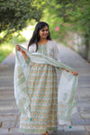 White Green  Anarkali Cotton Suit with Cotton Dupatta