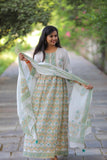 White Green  Anarkali Cotton Suit with Cotton Dupatta
