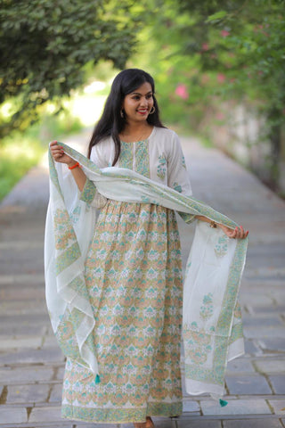 White Green  Anarkali Cotton Suit with Cotton Dupatta