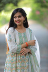 White Green  Anarkali Cotton Suit with Cotton Dupatta