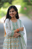 White Green  Anarkali Cotton Suit with Cotton Dupatta