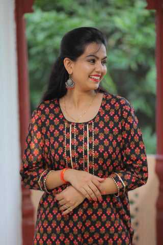 Black with Peach Blocks Cotton Kurti