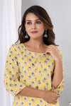 Yellow with Blue blocks - Hand Block Printed Cotton Kurti