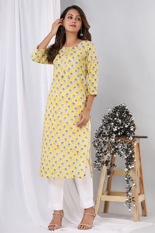 Yellow with Blue blocks - Hand Block Printed Cotton Kurti