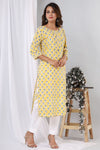 Yellow with Blue blocks - Hand Block Printed Cotton Kurti