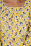 Yellow with Blue blocks - Hand Block Printed Cotton Kurti
