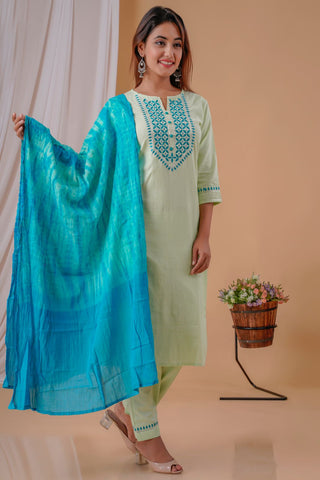 Pastel green Suit with Cotton Shibori Dupatta