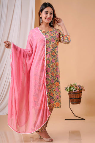 Yellow Floral Suit with Peach Chiffon Dupatta