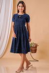 Indigo Knee Length-Hand Block Printed Cotton Dress