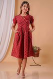 Red Knee Length-Hand Block Printed Cotton Dress