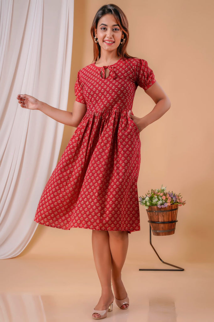 Red Cotton Printed Fit  Flare Dress VD1247  Ahika
