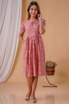Peach floral Prints Knee Length-Hand Block Printed Cotton Dress