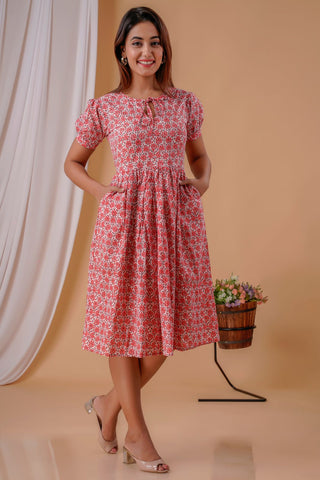 Peach floral Prints Knee Length-Hand Block Printed Cotton Dress