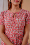 Peach floral Prints Knee Length-Hand Block Printed Cotton Dress
