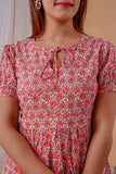 Peach floral Prints Knee Length-Hand Block Printed Cotton Dress