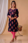 Deep Blue with Pink Flowers Cotton Kurti