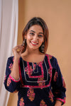 Deep Blue with Pink Flowers Cotton Kurti