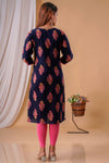 Deep Blue with Pink Flowers Cotton Kurti