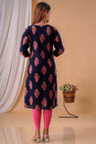 Deep Blue with Pink Flowers Cotton Kurti