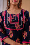 Deep Blue with Pink Flowers Cotton Kurti